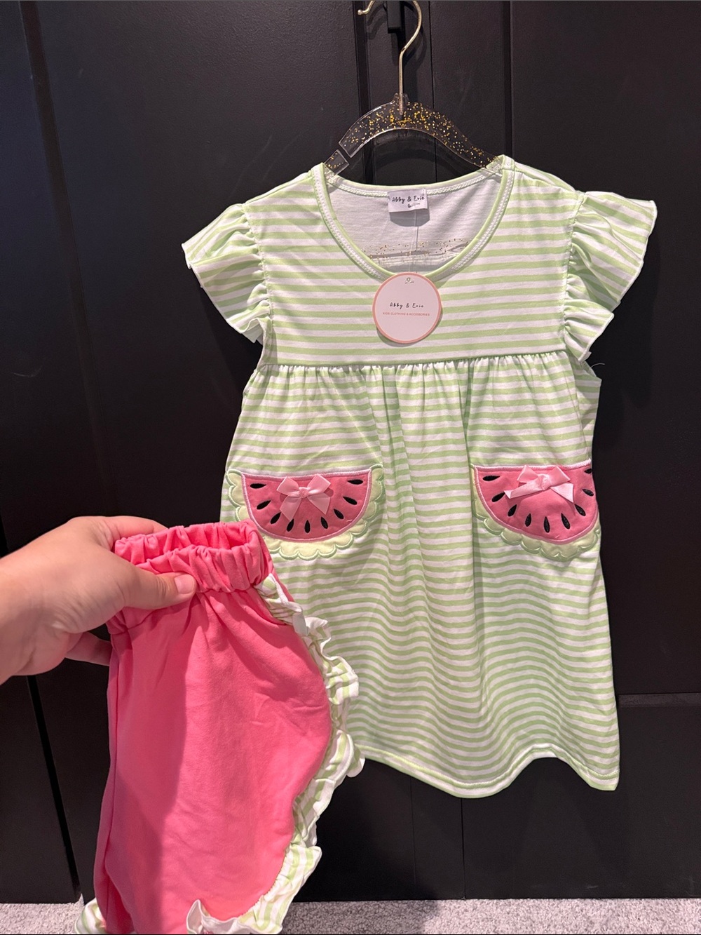 Girls' Green Stripe Watermelon Matching Set - Pink Shorts